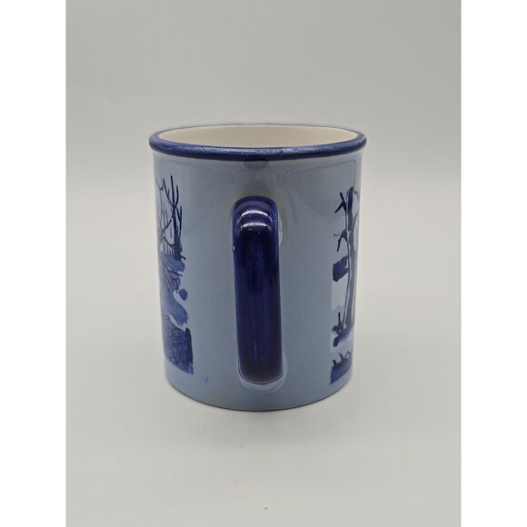 Otagiri Coffee Mug Cup Cobalt Blue on Blue Barn Winter Cabin Scene Made in Japan - Picture 2 of 9